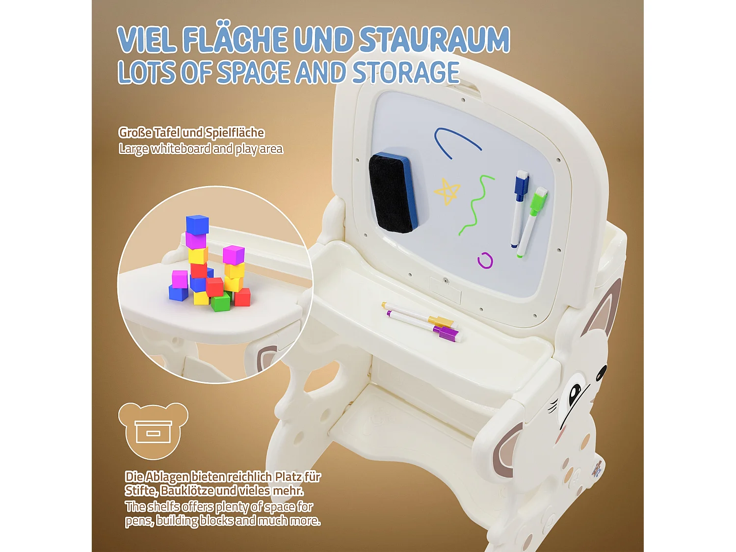 ML-Design Mesa de juegos 3 en 1 taburete infantil, caballete blanco con estante, pizarra de doble cara magnética actividades de pintura, dibujo