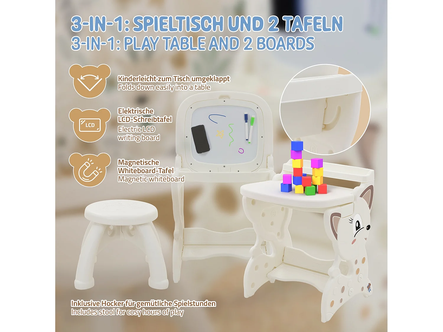 ML-Design Mesa de juegos 3 en 1 taburete infantil, caballete blanco con estante, pizarra de doble cara magnética actividades de pintura, dibujo