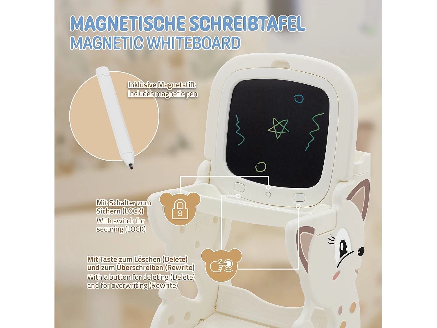 ML-Design Mesa de juegos 3 en 1 taburete infantil, caballete blanco con estante, pizarra de doble cara magnética actividades de pintura, dibujo