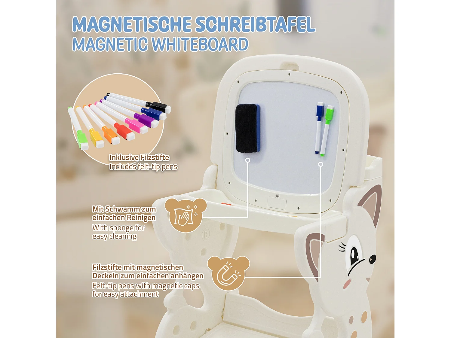 ML-Design Mesa de juegos 3 en 1 taburete infantil, caballete blanco con estante, pizarra de doble cara magnética actividades de pintura, dibujo