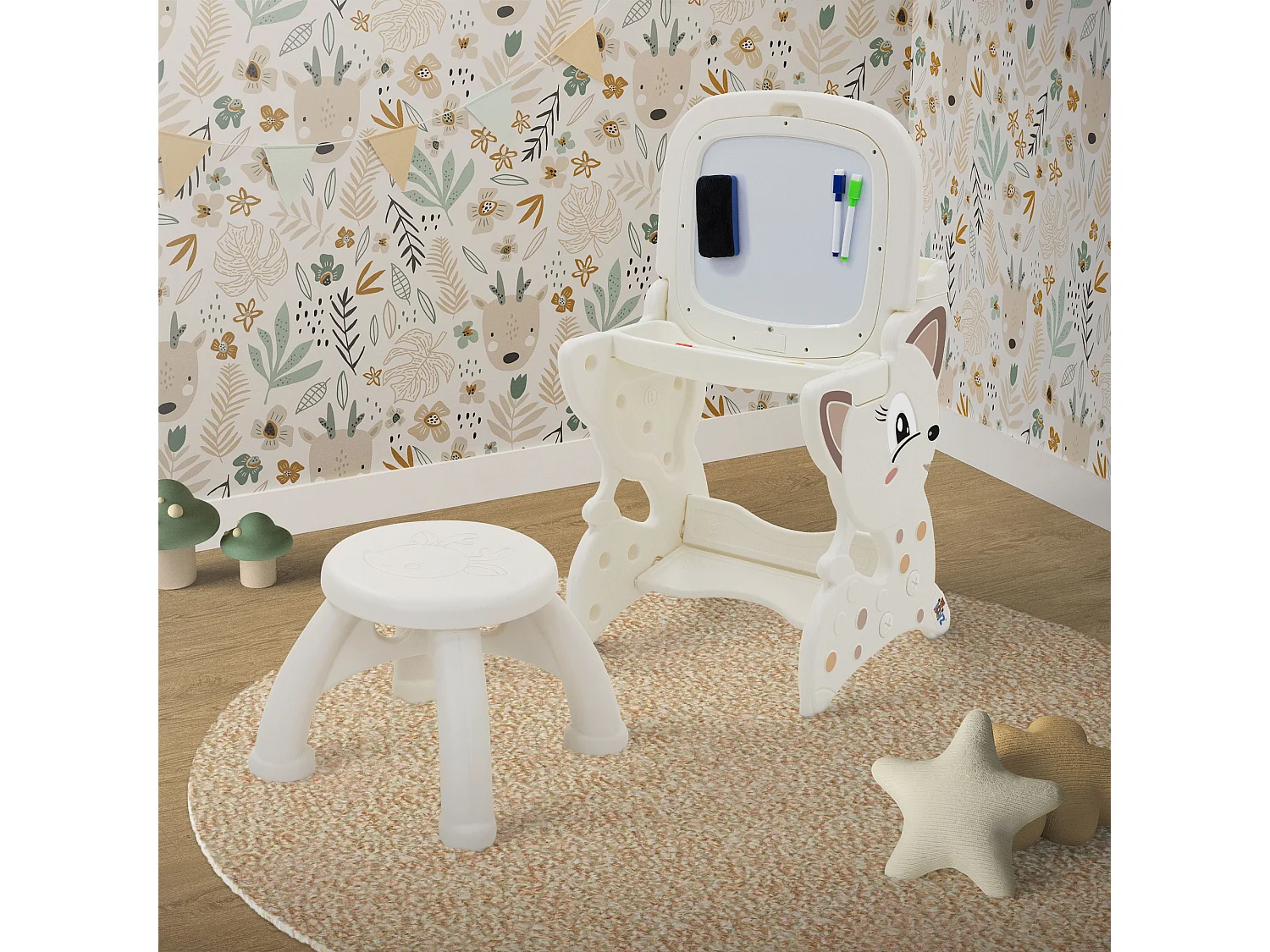 ML-Design Mesa de juegos 3 en 1 taburete infantil, caballete blanco con estante, pizarra de doble cara magnética actividades de pintura, dibujo
