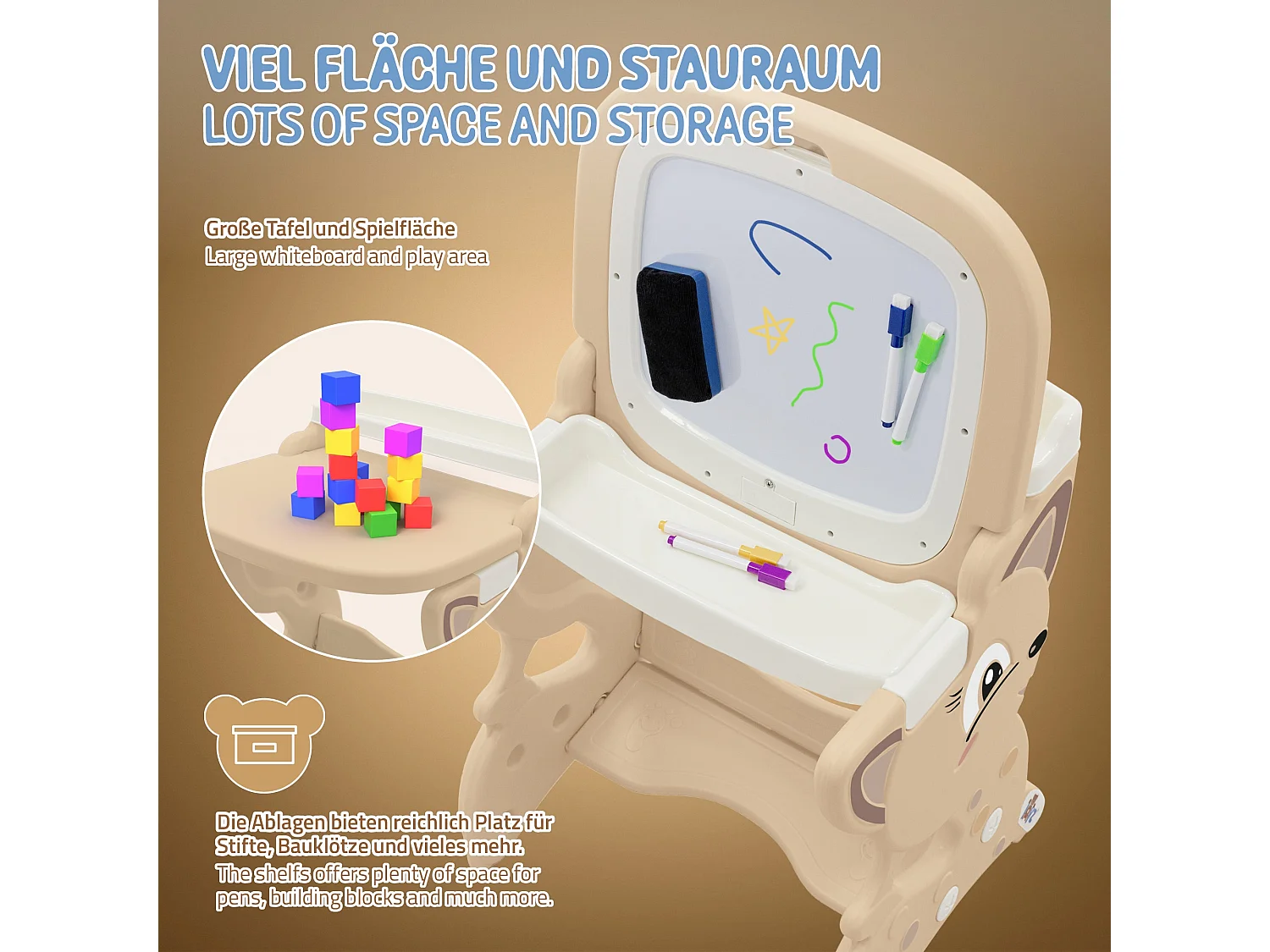 Table d’activités 3-en-1 pour enfants marron avec double tableau LCD et magnétique siège et accessoires bureau multifonction pour loisirs éducatifs