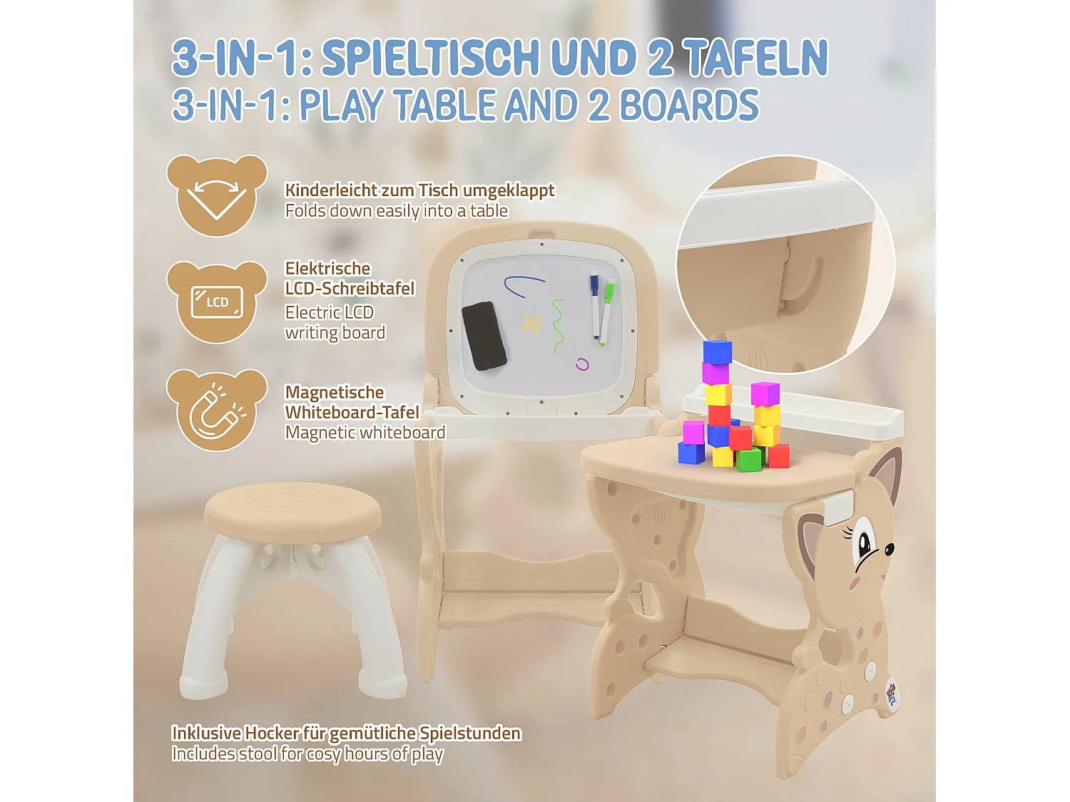 Table d’activités 3-en-1 pour enfants marron avec double tableau LCD et magnétique siège et accessoires bureau multifonction pour loisirs éducatifs