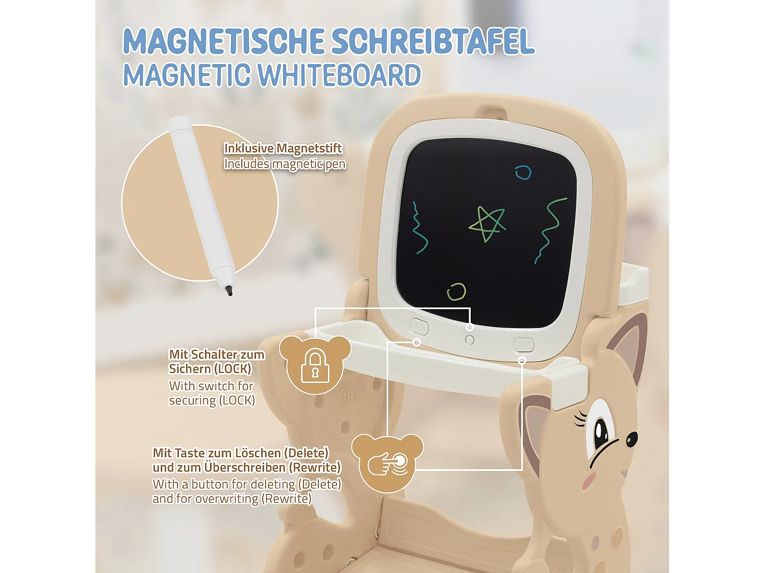 Table d’activités 3-en-1 pour enfants marron avec double tableau LCD et magnétique siège et accessoires bureau multifonction pour loisirs éducatifs