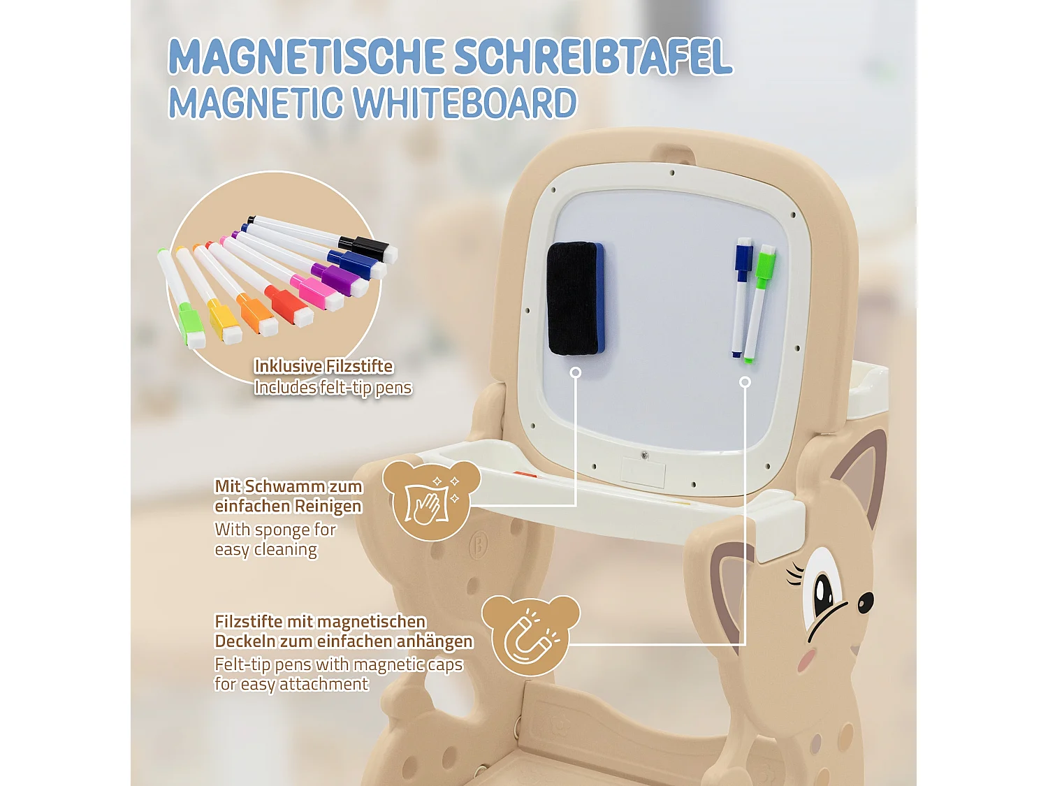 Table d’activités 3-en-1 pour enfants marron avec double tableau LCD et magnétique siège et accessoires bureau multifonction pour loisirs éducatifs