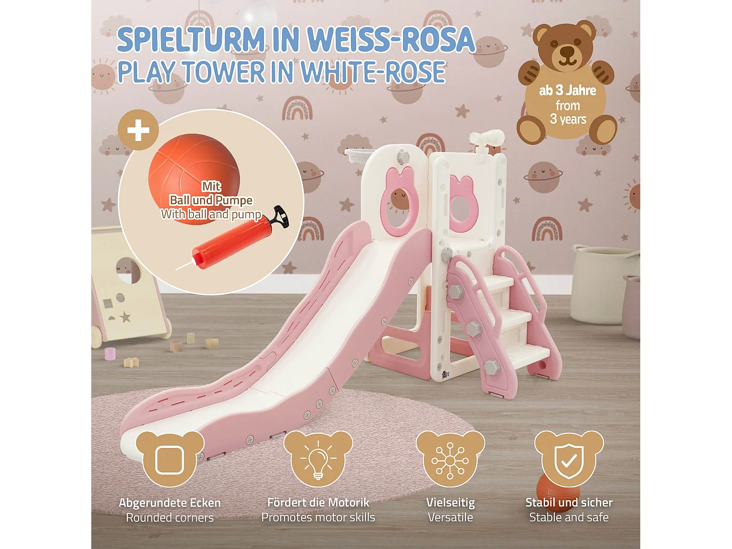 Joyz Juego tobogán infantil 3en1 plástico blanco-rosa con torre, canasta de baloncesto y balón parque de interior/exterior para niños a partir 3 años