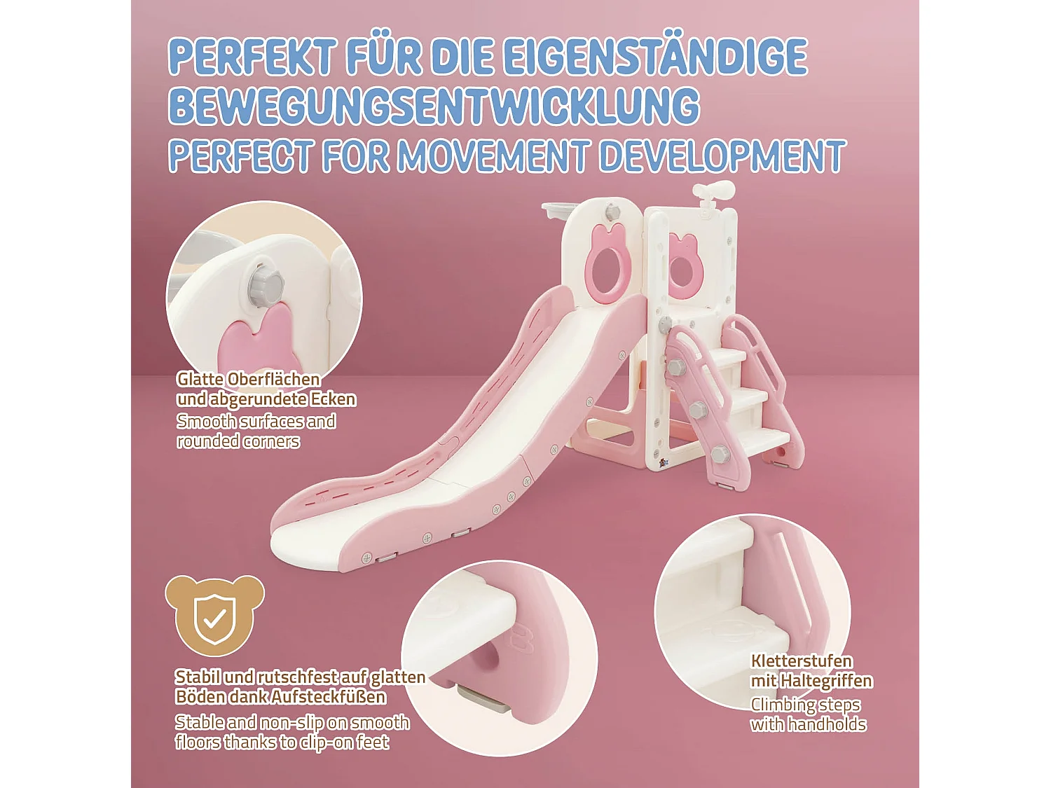 Joyz Juego tobogán infantil 3en1 plástico blanco-rosa con torre, canasta de baloncesto y balón parque de interior/exterior para niños a partir 3 años