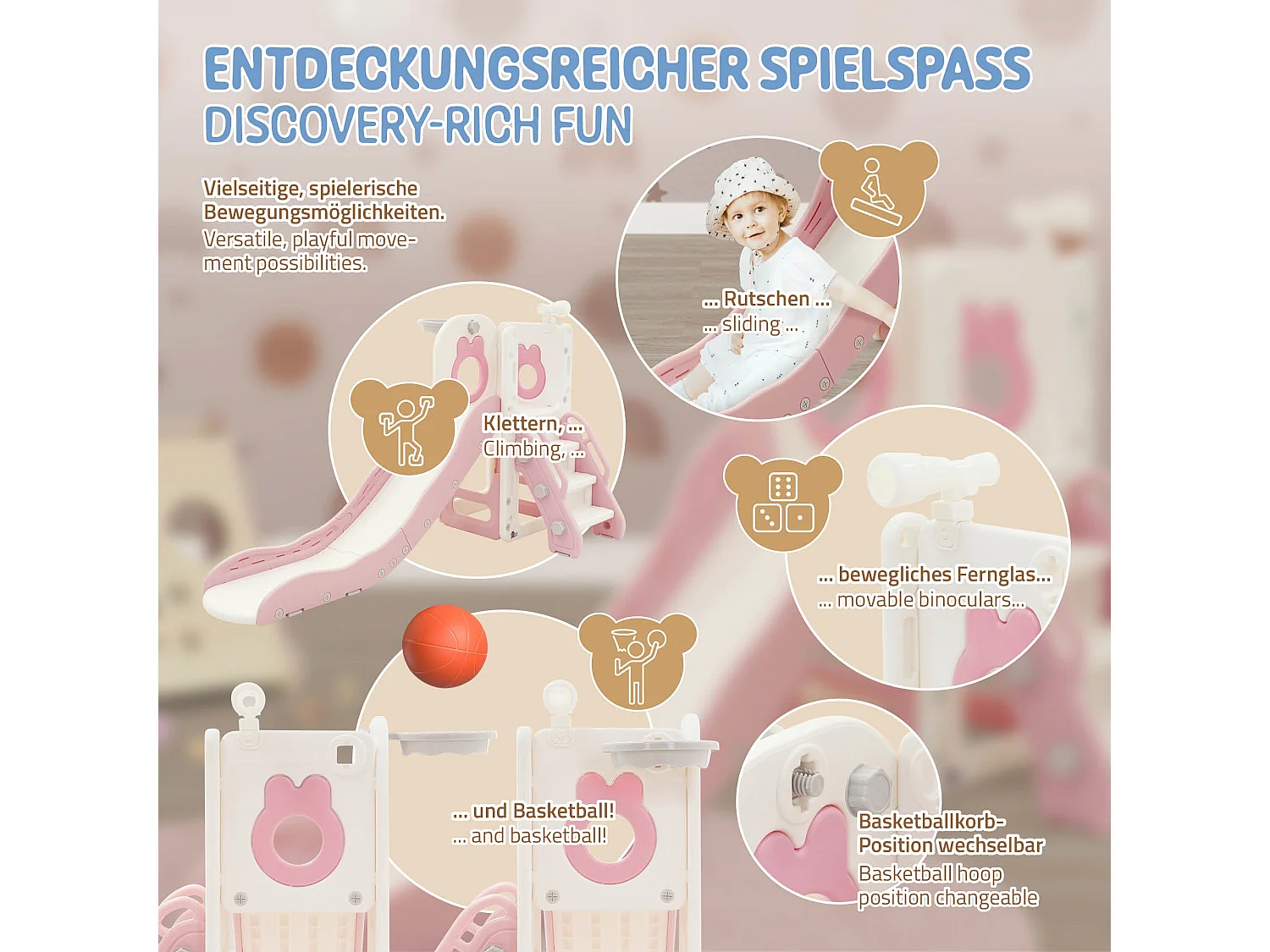 Joyz Juego tobogán infantil 3en1 plástico blanco-rosa con torre, canasta de baloncesto y balón parque de interior/exterior para niños a partir 3 años