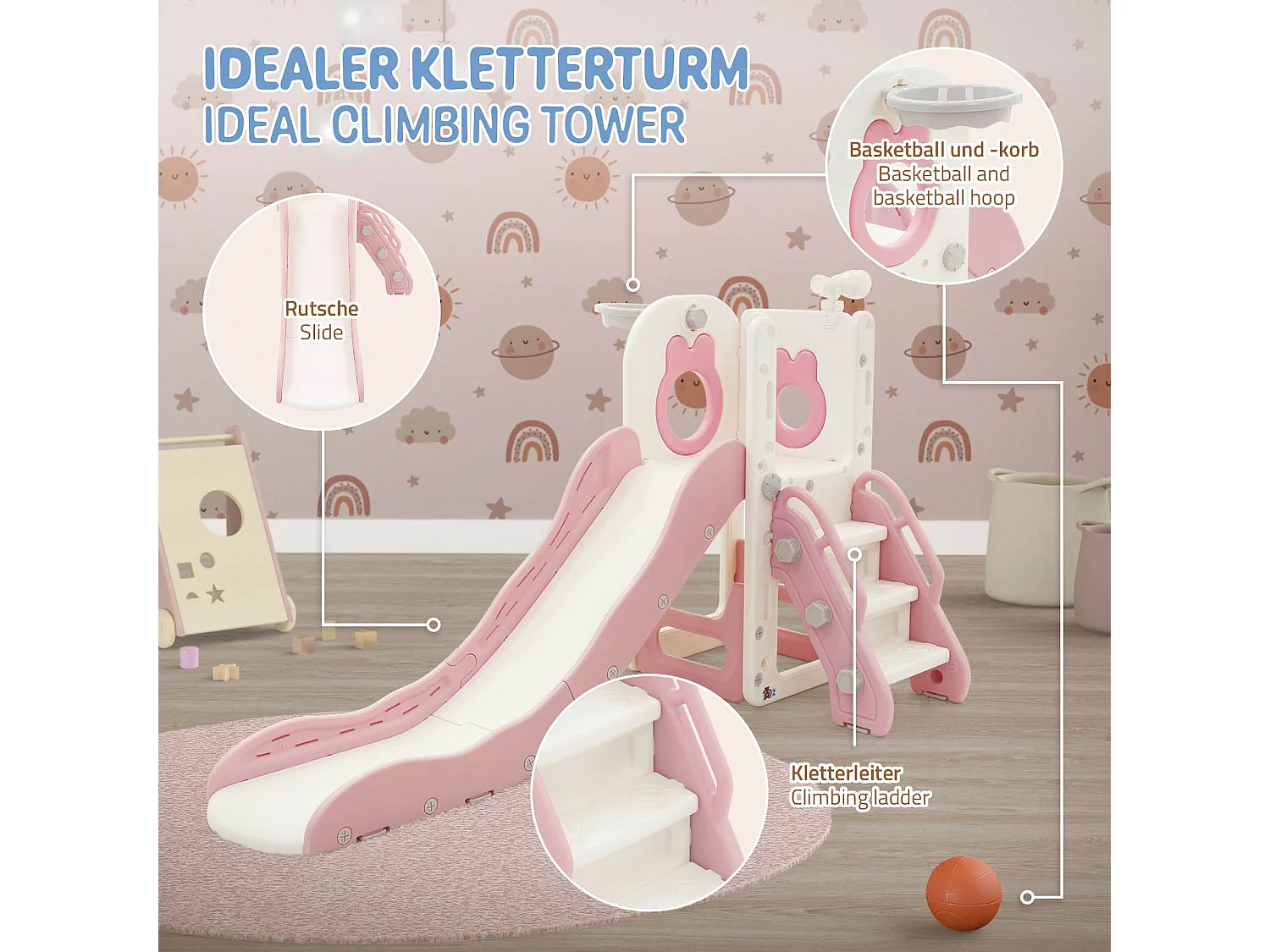 Joyz Juego tobogán infantil 3en1 plástico blanco-rosa con torre, canasta de baloncesto y balón parque de interior/exterior para niños a partir 3 años