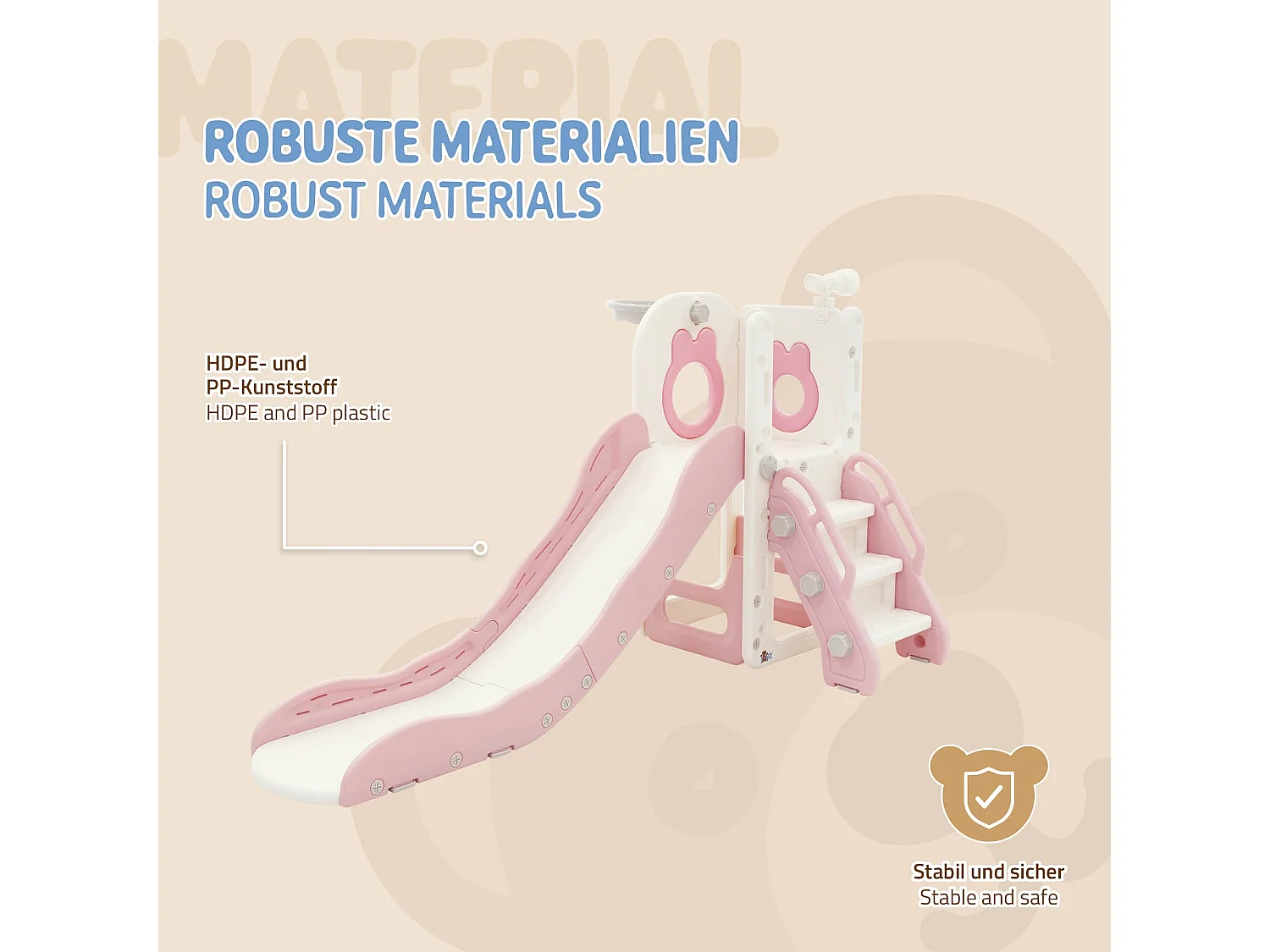 Joyz Juego tobogán infantil 3en1 plástico blanco-rosa con torre, canasta de baloncesto y balón parque de interior/exterior para niños a partir 3 años