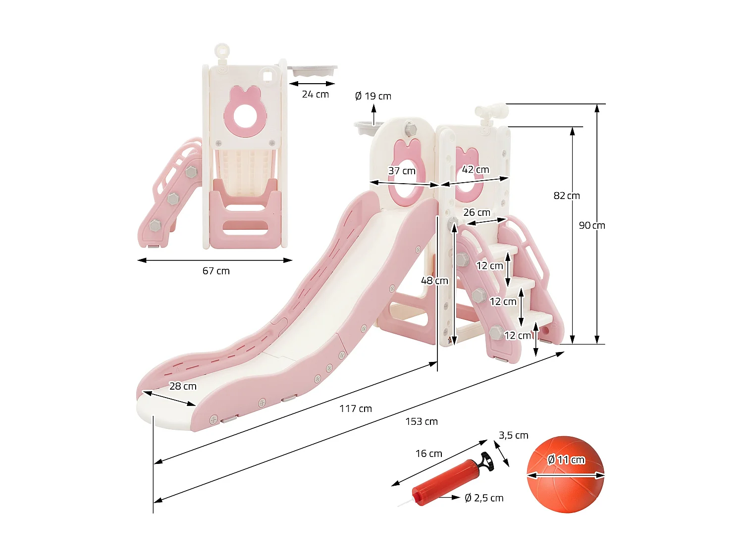 Joyz Juego tobogán infantil 3en1 plástico blanco-rosa con torre, canasta de baloncesto y balón parque de interior/exterior para niños a partir 3 años
