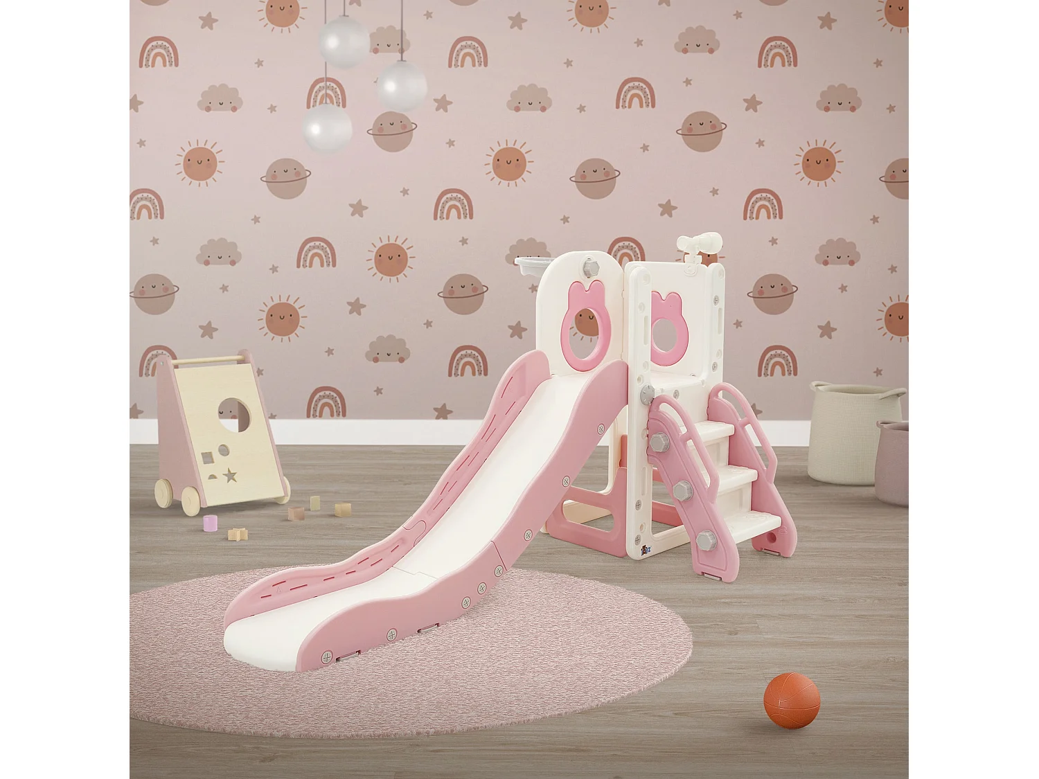 Joyz Juego tobogán infantil 3en1 plástico blanco-rosa con torre, canasta de baloncesto y balón parque de interior/exterior para niños a partir 3 años