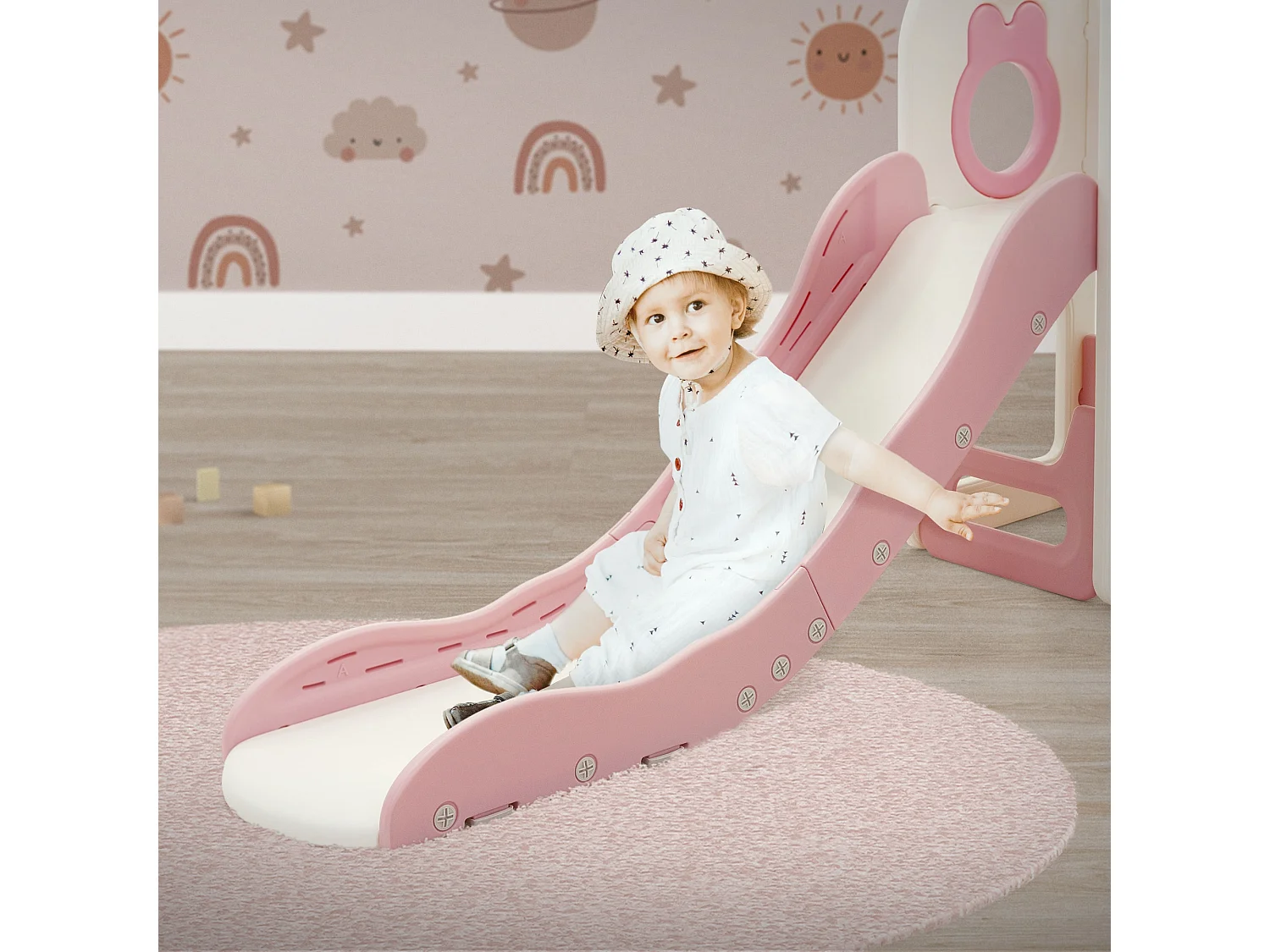 Joyz Juego tobogán infantil 3en1 plástico blanco-rosa con torre, canasta de baloncesto y balón parque de interior/exterior para niños a partir 3 años