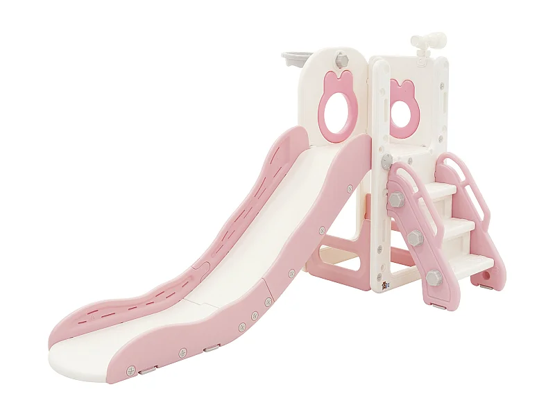 Toboggan 3en1 blanc-rose pour enfants structure de jeu en plastique avec panier de basket et échelle sûre jouet d’activité pour tout-petits dès 3 ans
