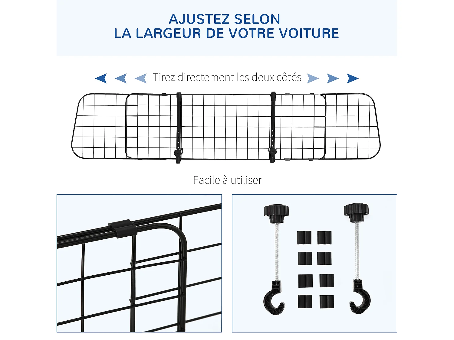 Barrière grille de séparation universelle voiture pour animaux longueur réglable dim. 91-152L x 30H cm kit complet installation inclus noir