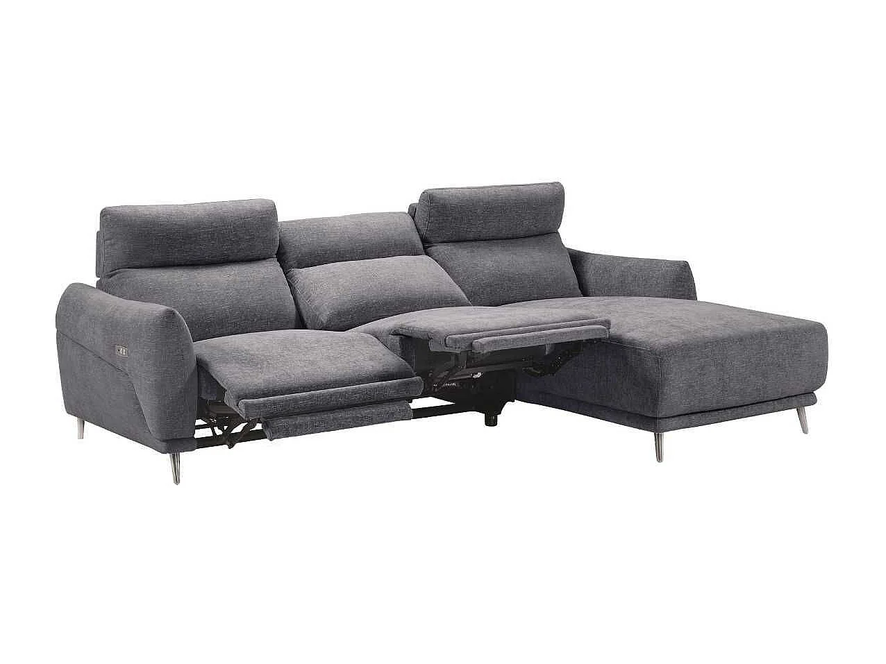 Canapé 3 places relax électrique avec méridienne droite tissu polyester chiné bleu-gris - SANTIAGO