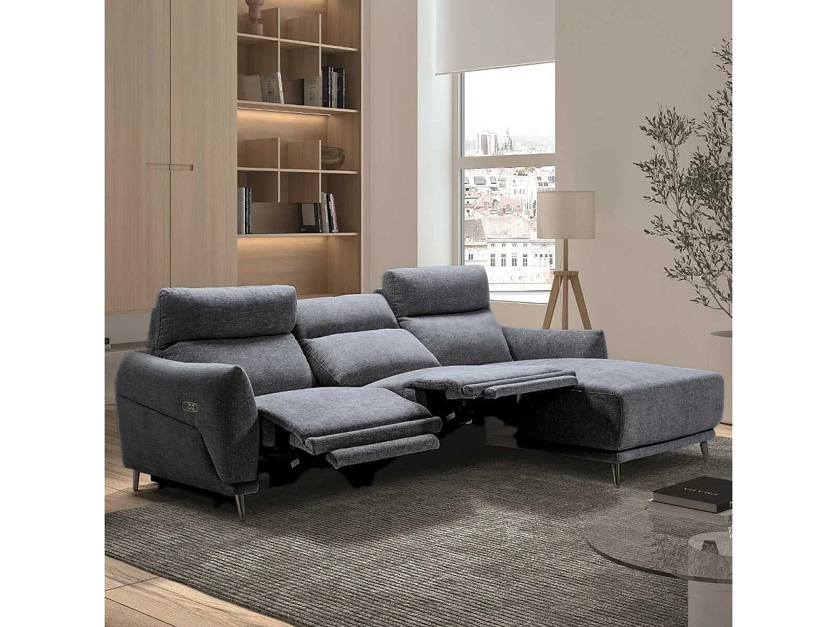 Canapé 3 places relax électrique avec méridienne droite tissu polyester chiné bleu-gris - SANTIAGO