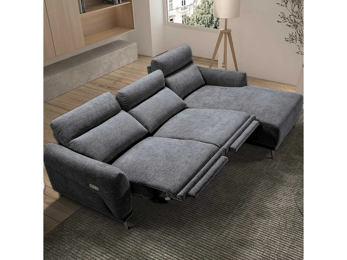 Canapé 3 places relax électrique avec méridienne droite tissu polyester chiné bleu-gris - SANTIAGO