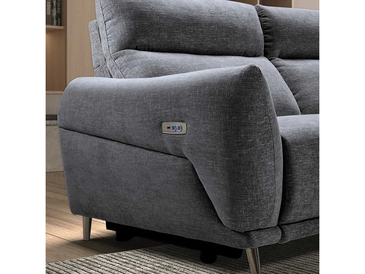 Canapé 3 places relax électrique avec méridienne droite tissu polyester chiné bleu-gris - SANTIAGO