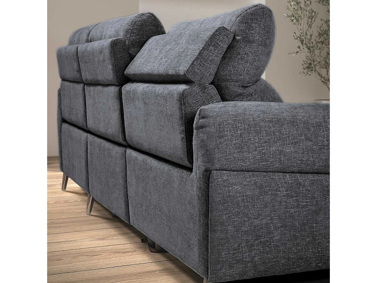Canapé 3 places relax électrique avec méridienne droite tissu polyester chiné bleu-gris - SANTIAGO