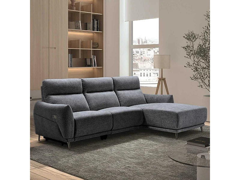 Canapé 3 places relax électrique avec méridienne droite tissu polyester chiné bleu-gris - SANTIAGO