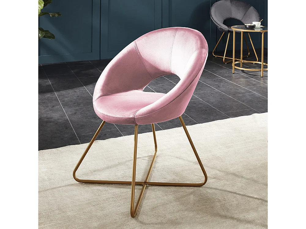 Chaise design SELESA en velours rose avec accoudoirs, structure métal doré, confort optimal, 70x81x55 cm