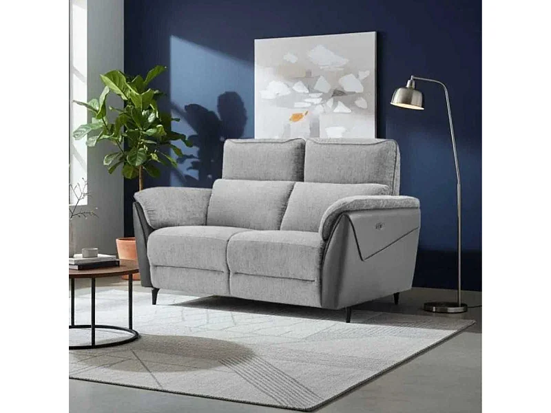 Canapé 2 places relax électrique bi-matière tissu chenillé et PVC gris - CELESTE
