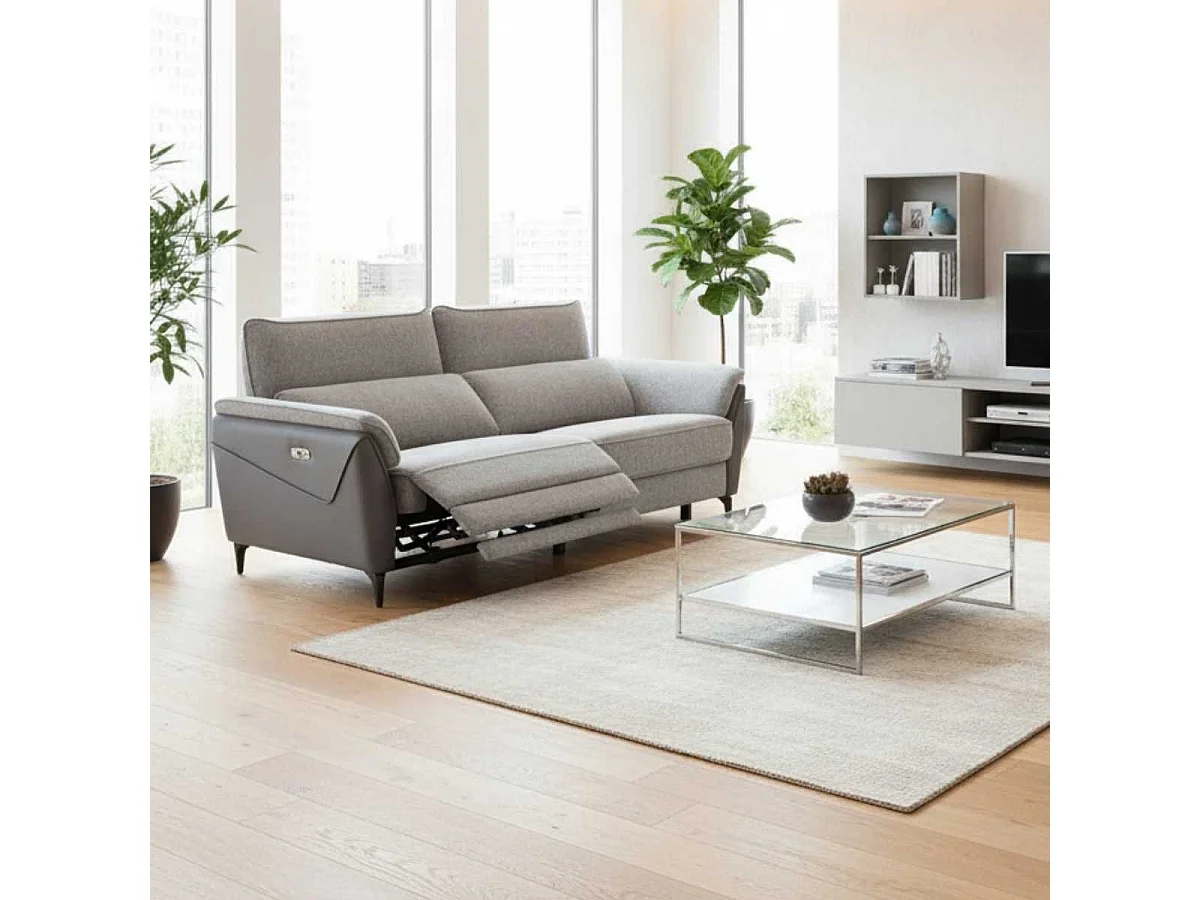 Canapé 3 places relax électrique bi-matière tissu chenillé et PVC gris - CELESTE