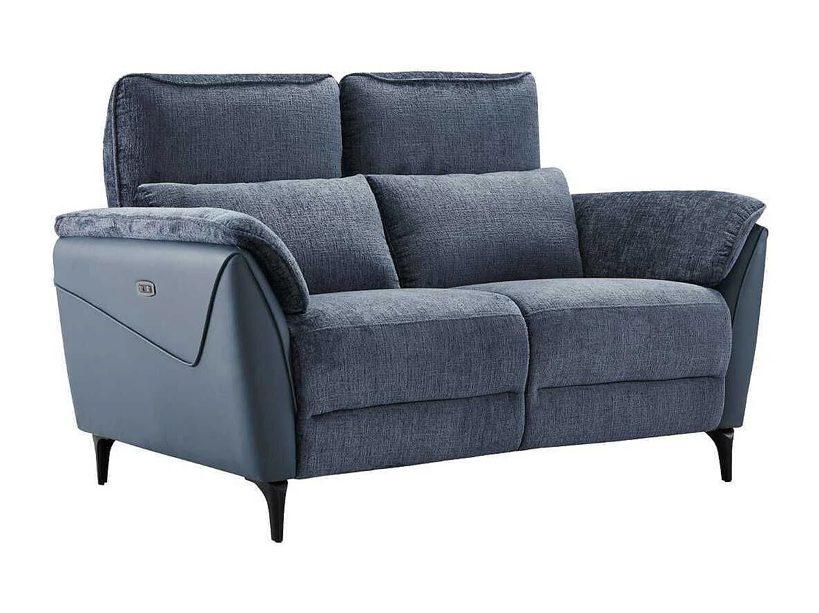 Canapé 2 places relax électrique bi-matière tissu chenillé et PVC bleu - CELESTE