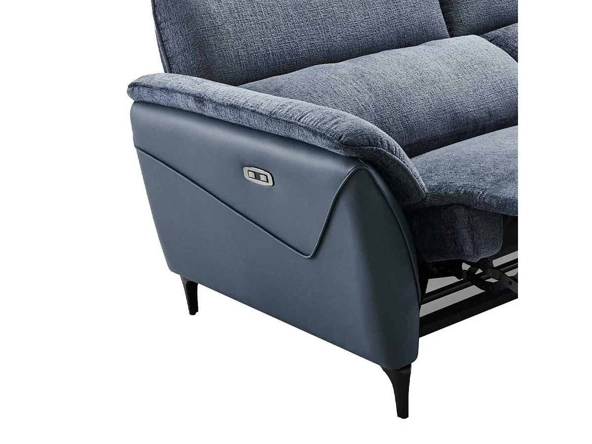 Canapé 2 places relax électrique bi-matière tissu chenillé et PVC bleu - CELESTE