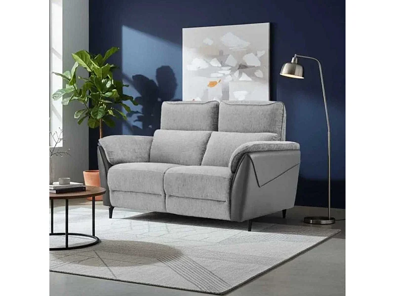 Canapé 2 places fixe bi-matière tissu chenillé et PVC gris - CELESTE