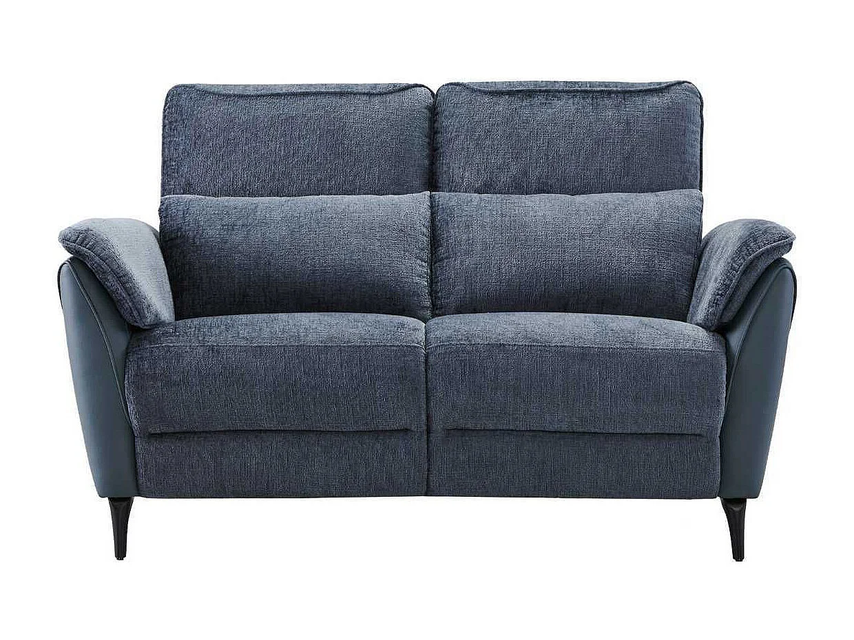 Canapé 2 places fixe bi-matière tissu chenillé et PVC bleu - CELESTE