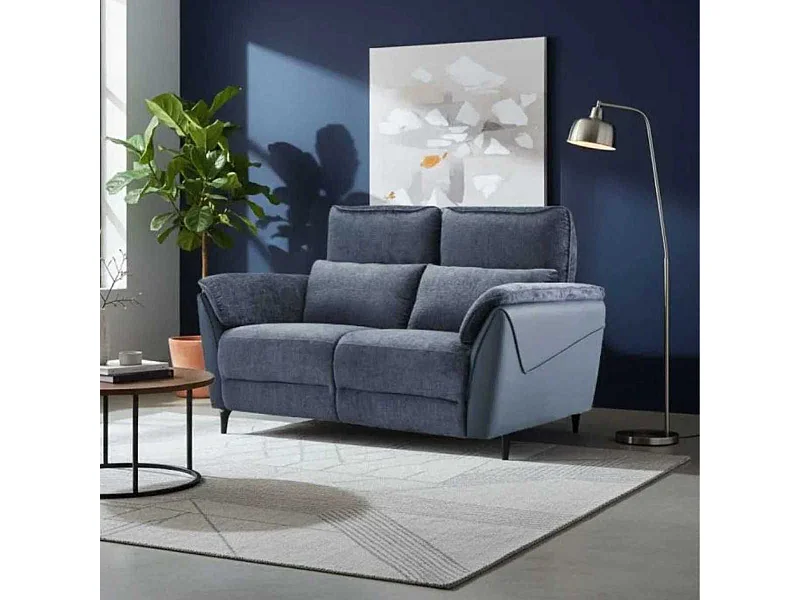 Canapé 2 places fixe bi-matière tissu chenillé et PVC bleu - CELESTE