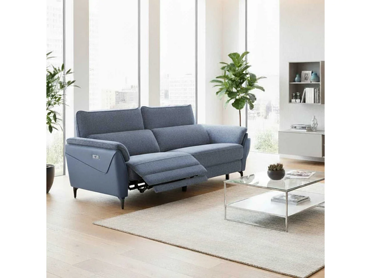 Canapé 3 places relax électrique bi-matière tissu chenillé et PVC bleu - CELESTE