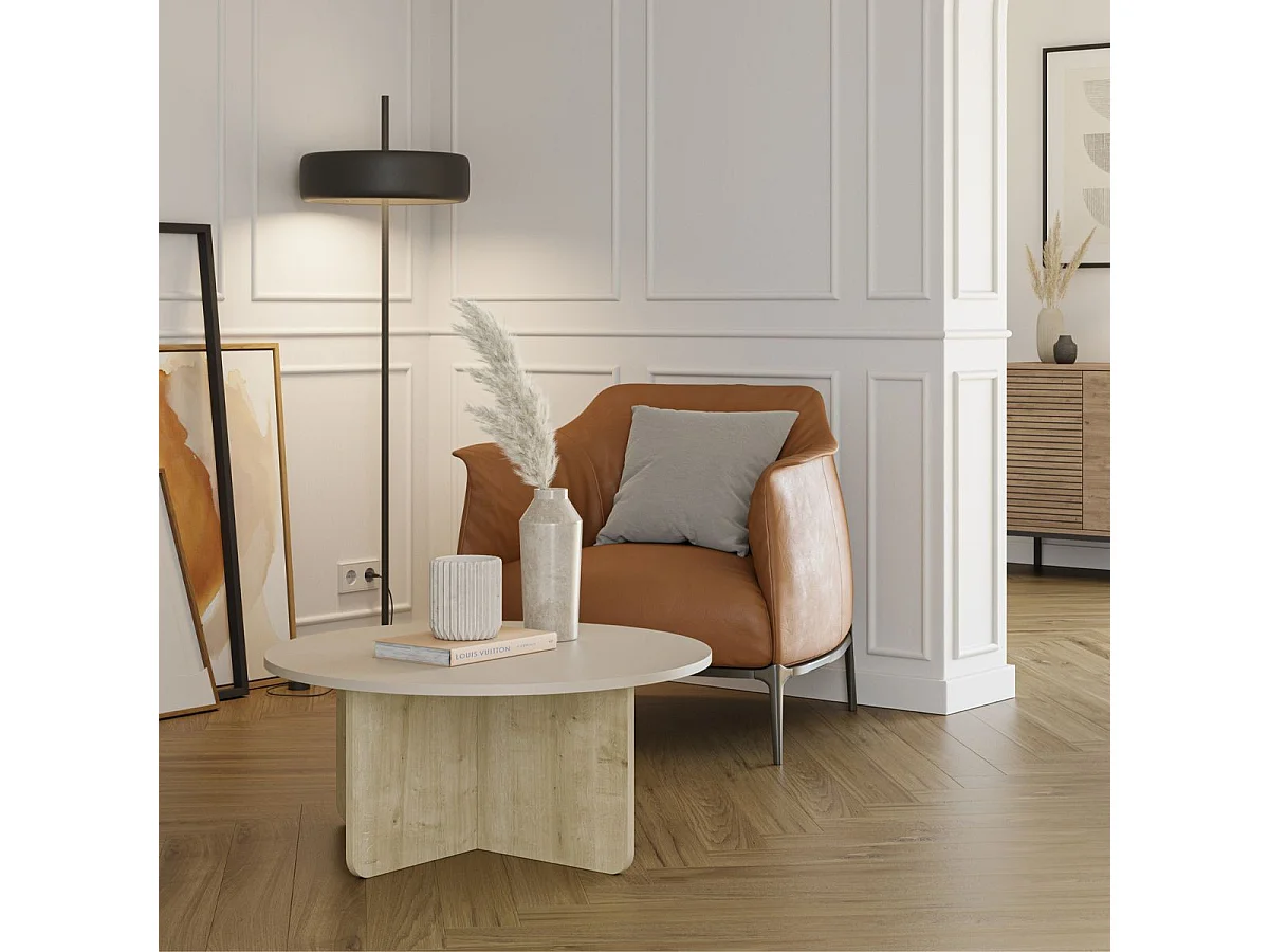 Table basse ronde Ø80cm en mélaminé plateau beige et piètement imitation bois - HESTIA