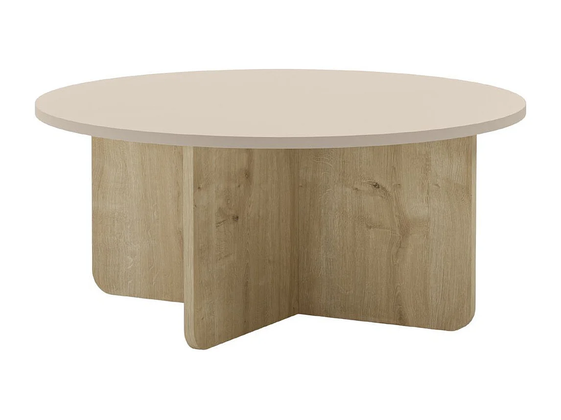 Table basse ronde Ø80cm en mélaminé plateau beige et piètement imitation bois - HESTIA