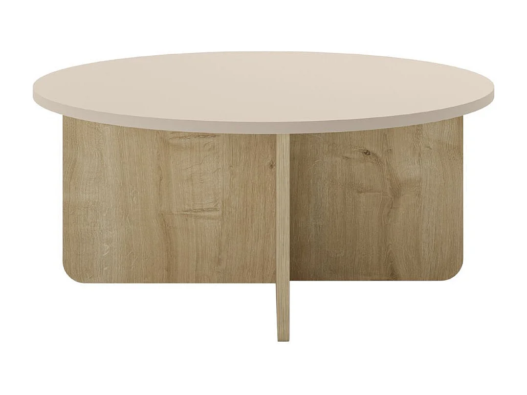 Table basse ronde Ø80cm en mélaminé plateau beige et piètement imitation bois - HESTIA