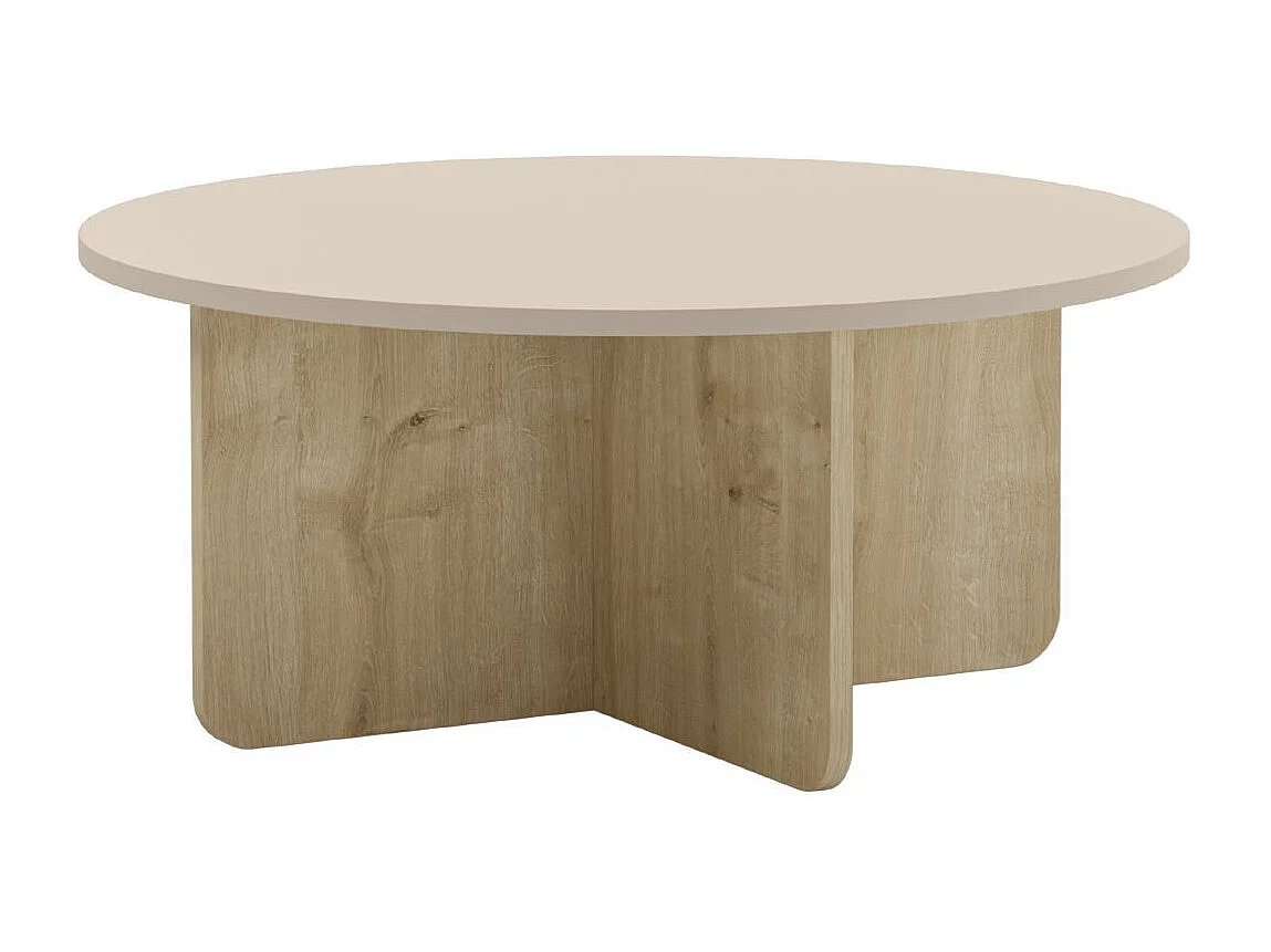 Table basse ronde Ø80cm en mélaminé plateau beige et piètement imitation bois - HESTIA