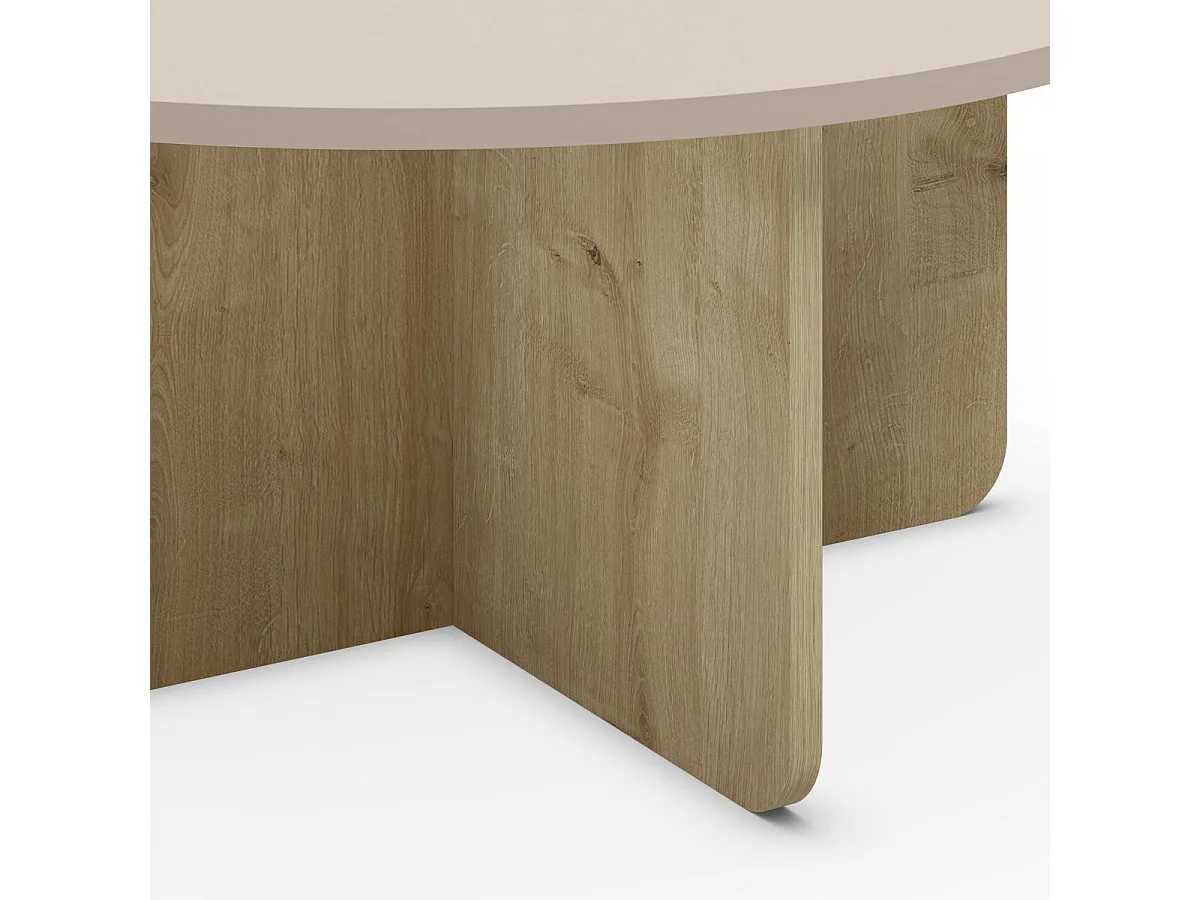 Table basse ronde Ø80cm en mélaminé plateau beige et piètement imitation bois - HESTIA