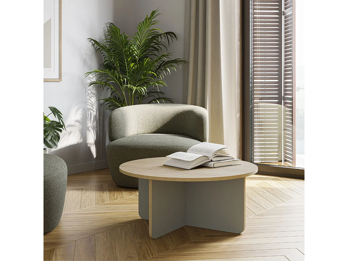 Table basse ronde Ø80cm en mélaminé plateau imitation bois et piètement vert sauge - HESTIA