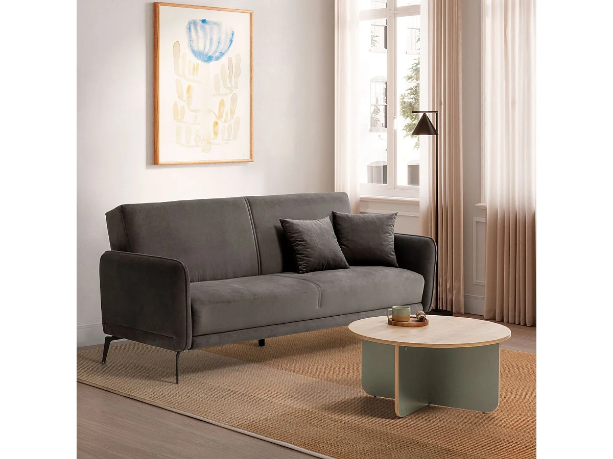 Table basse ronde Ø80cm en mélaminé plateau imitation bois et piètement vert sauge - HESTIA