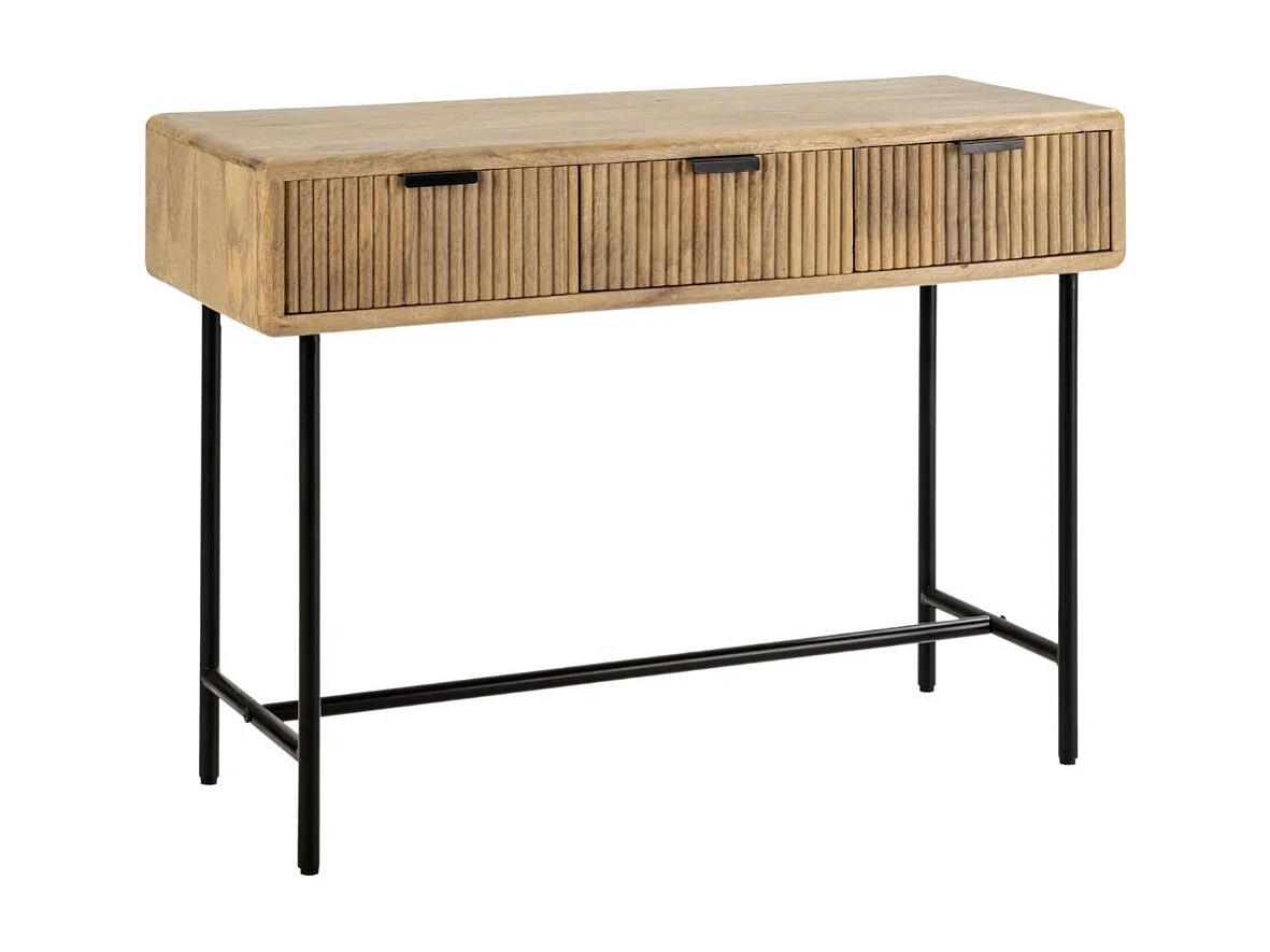 Console 3 tiroirs en manguier massif relief graphique vertical piètement métal laqué noir - MELKA