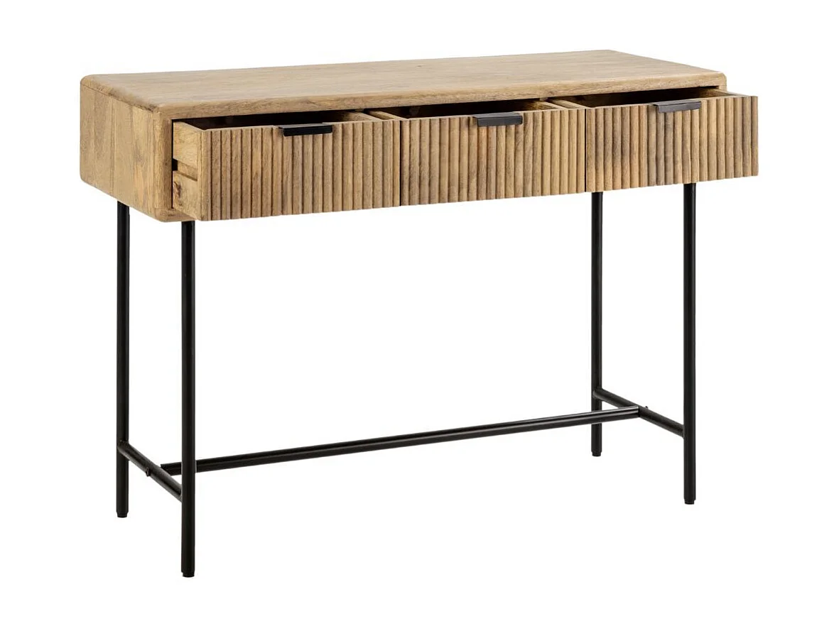 Console 3 tiroirs en manguier massif relief graphique vertical piètement métal laqué noir - MELKA