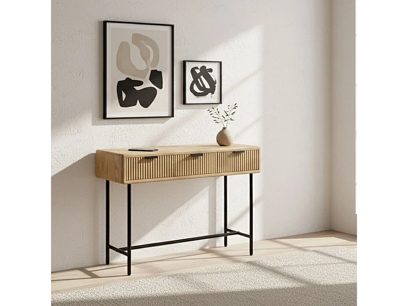 Console 3 tiroirs en manguier massif relief graphique vertical piètement métal laqué noir - MELKA