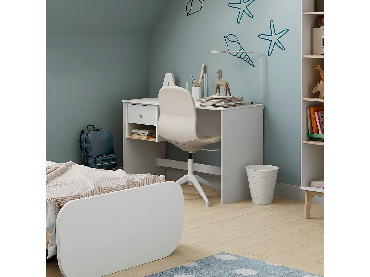 Bureau 1 tiroir et 1 niche en pin massif et MDF laqué blanc et naturel - KAINA