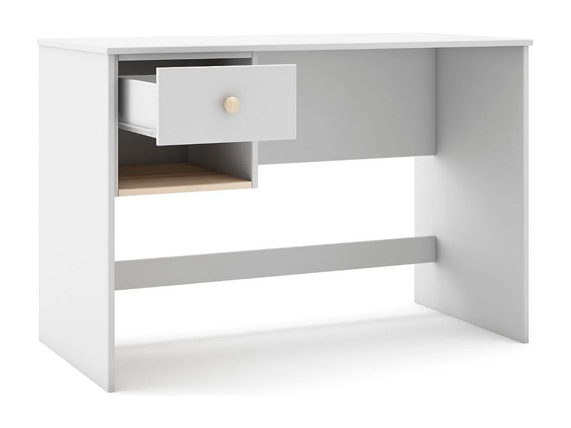 Bureau 1 tiroir et 1 niche en pin massif et MDF laqué blanc et naturel - KAINA