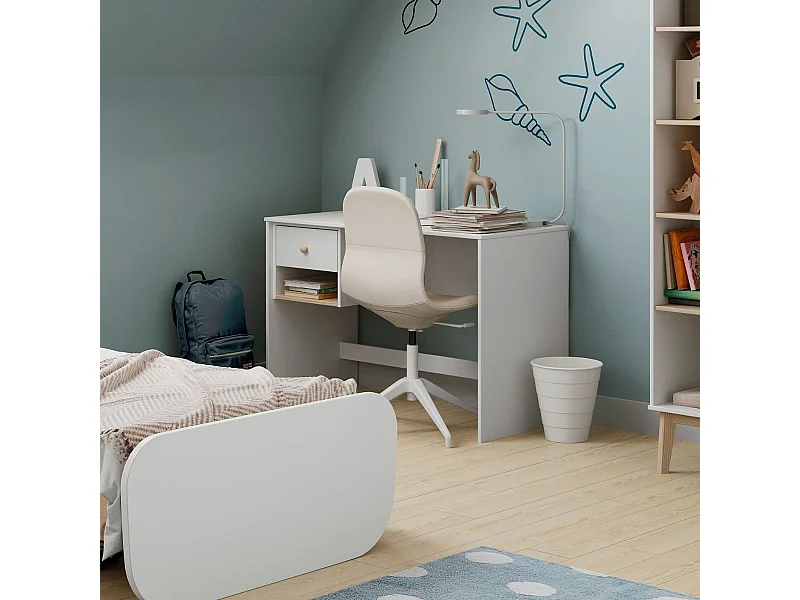 Bureau 1 tiroir et 1 niche en pin massif et MDF laqué blanc et naturel - KAINA