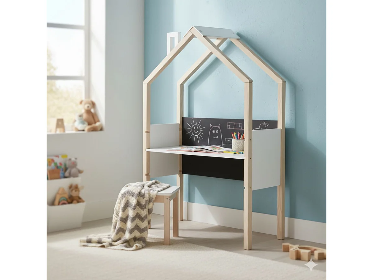 Bureau forme cabane en pin naturel et MDF laqué blanc avec plateau hauteur réglable et tableau ardoise - ROXY