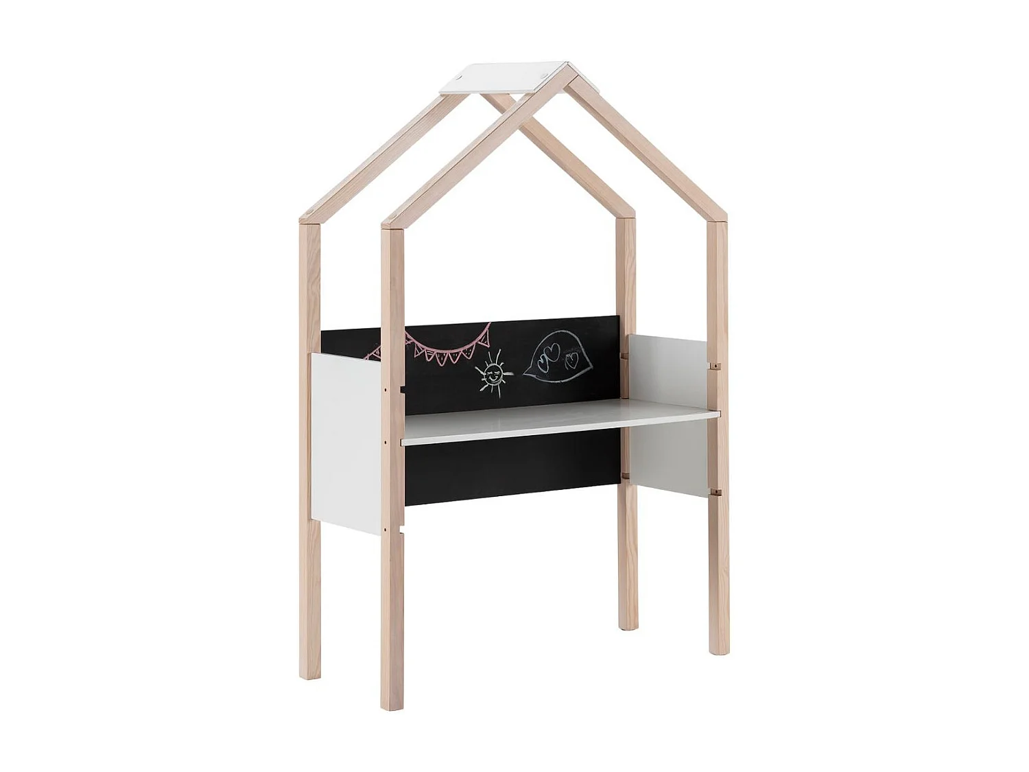 Bureau forme cabane en pin naturel et MDF laqué blanc avec plateau hauteur réglable et tableau ardoise - ROXY