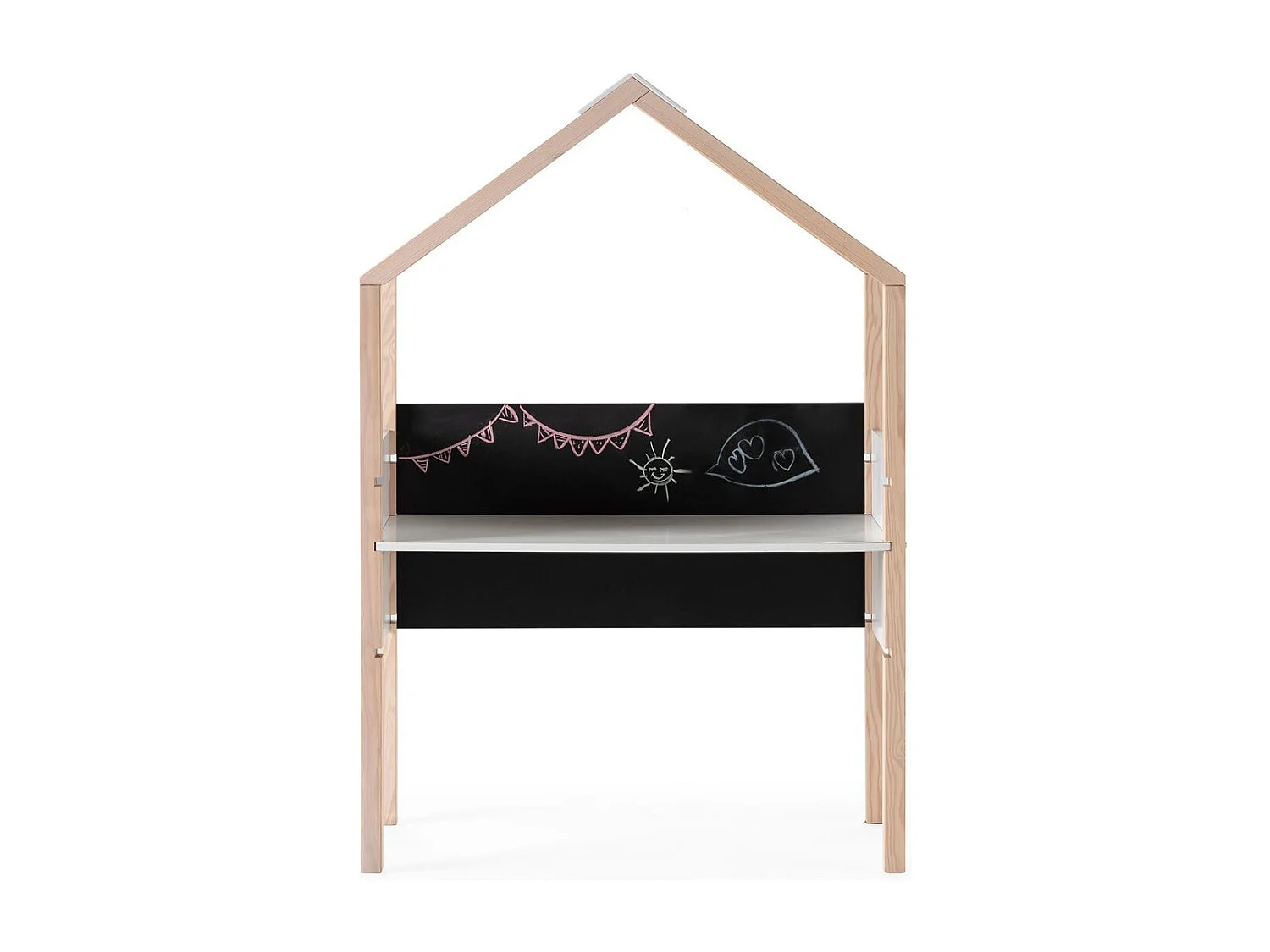 Bureau forme cabane en pin naturel et MDF laqué blanc avec plateau hauteur réglable et tableau ardoise - ROXY